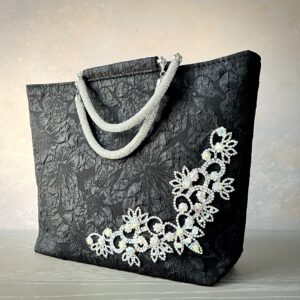 Black crystal floral evening bag with rhinestone floral embellishment and silver handles – Pomme d’Or