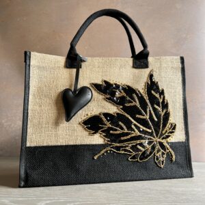 Black and gold leaf jute gift bag with sequinned leaf embroidery and heart charm – Pomme d’Or.