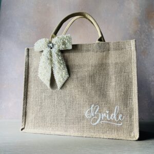 bride jute gift bag with pearl bow detachable wedding bag Pomme d’Or, large size bag
