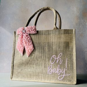 Large pink Oh Baby jute baby shower gift bag with pearl bow