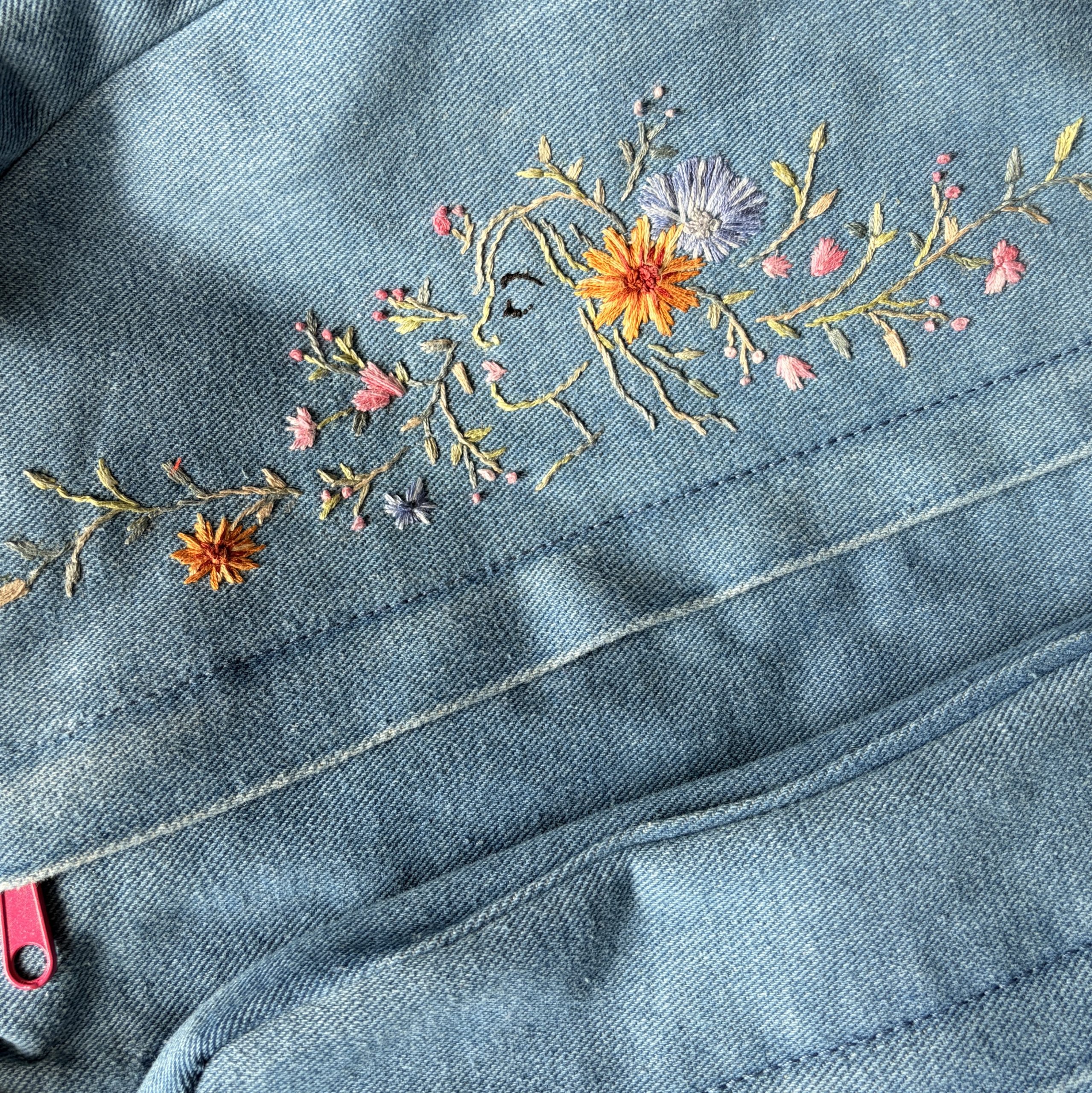 Close-up of hand-embroidered wildflowers on the Gaia denim backpack