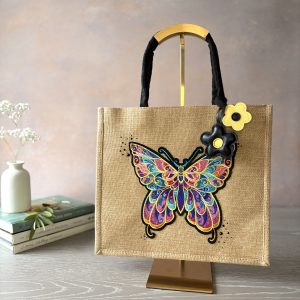 Colourful butterfly gift bag with embroidered butterfly design and flower